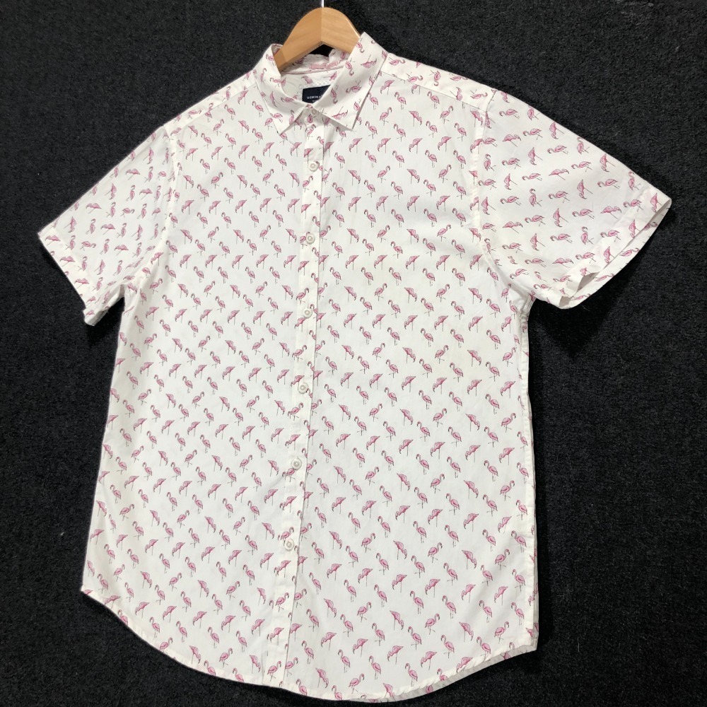 Denim & Flower Flamingo‎ Print Slim Fit Short Sleeve Button Up Shirt L
